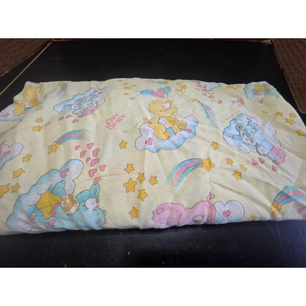 Vtg Care Bears Fitted Sheet Yellow 80s crib Bedding Rainbow Stars Cloud 48x24